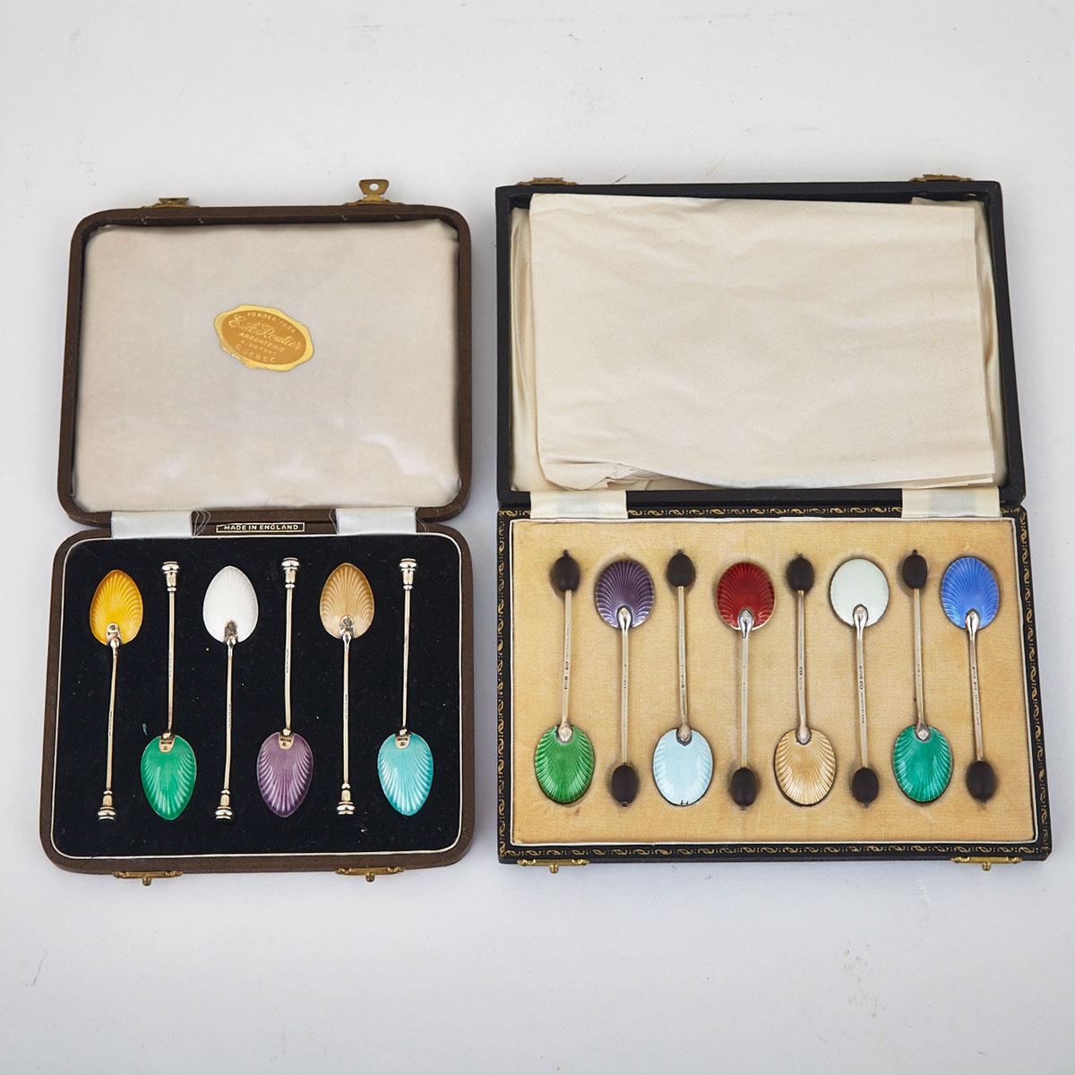 Fourteen English Silver and Translucent Enamel Bean or Seal Topped Coffee Spoons, William Suckling and Barker Bros., Birmingham, 1949/50