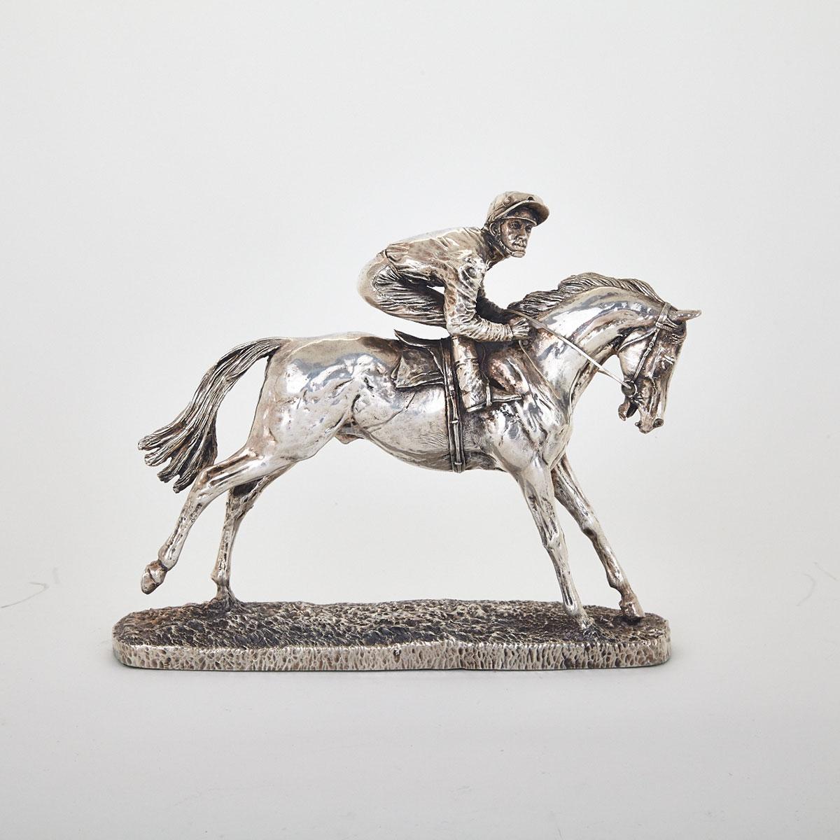 English Silver Model of a Horse and Jockey, Camelot Silverware, Sheffield, 1998