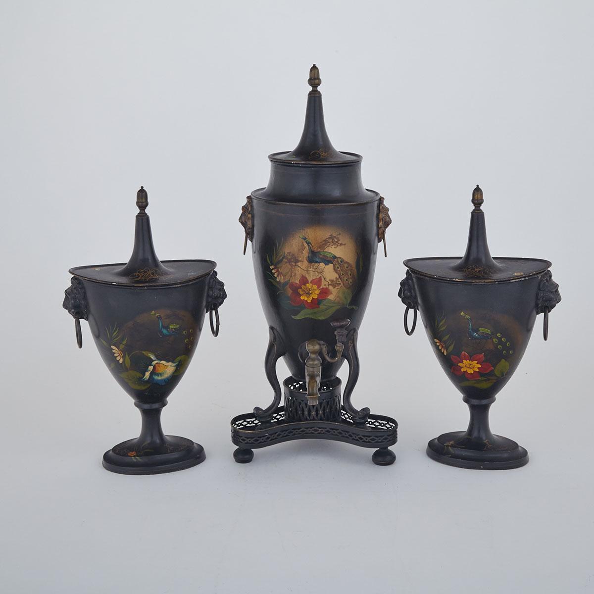 Three Piece Regency Toleware Suite: Pair of Chestnut Urns and Tea Urn on Stand, c.1820