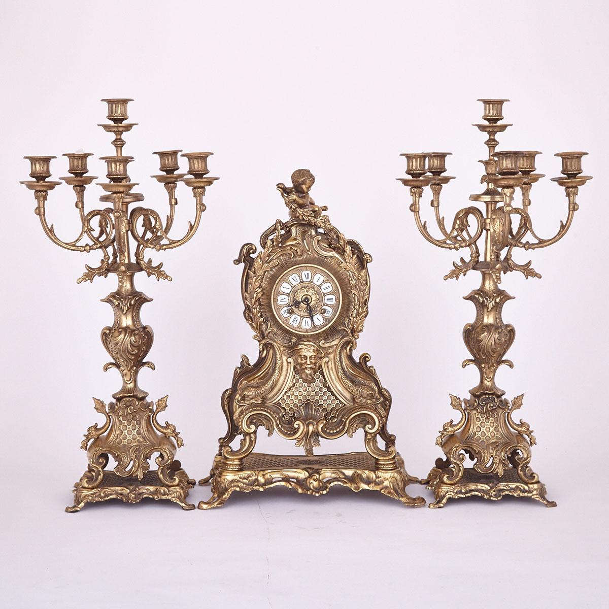 Three Piece Rococo Revival Clock Garniture, 2nd half, 20th century