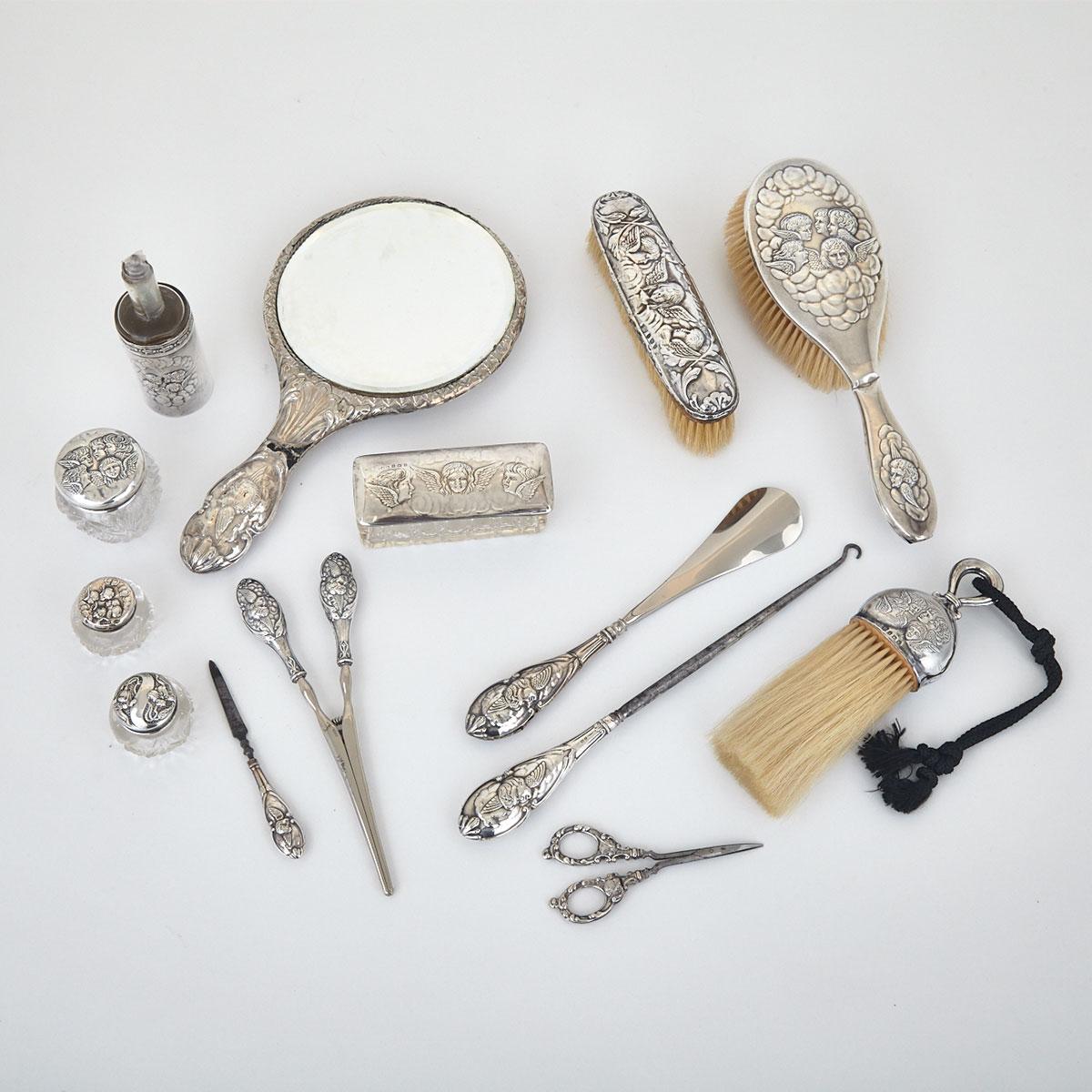 Assembled Edwardian Silver Mounted Dressing Table Set, mainly Birmingham, early 20th century