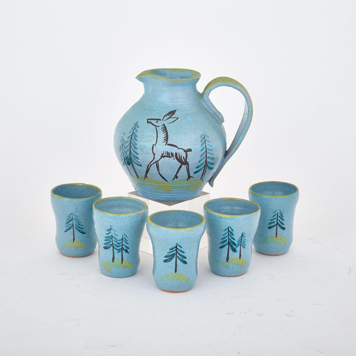 Canadian Turquoise Glazed Pottery Jug and Five Tumblers, mid-20th century