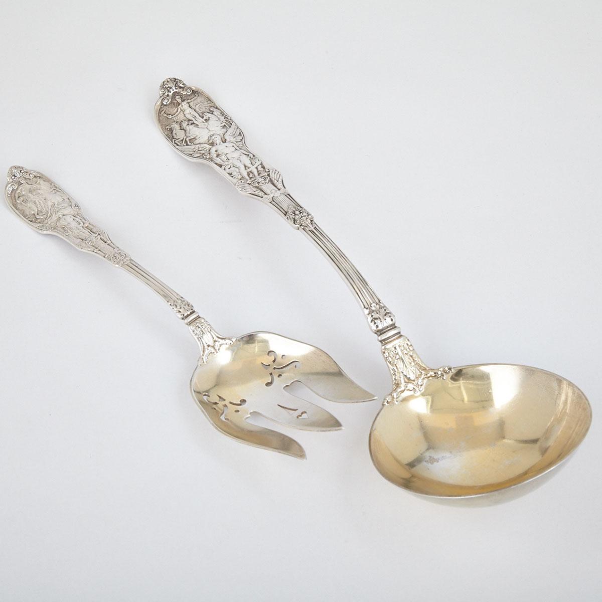 American Silver ‘Mythologique’ Pattern Soup Ladle and Serving Fork, Gorham Mfg. Co., Providence, R.I., late 19th century