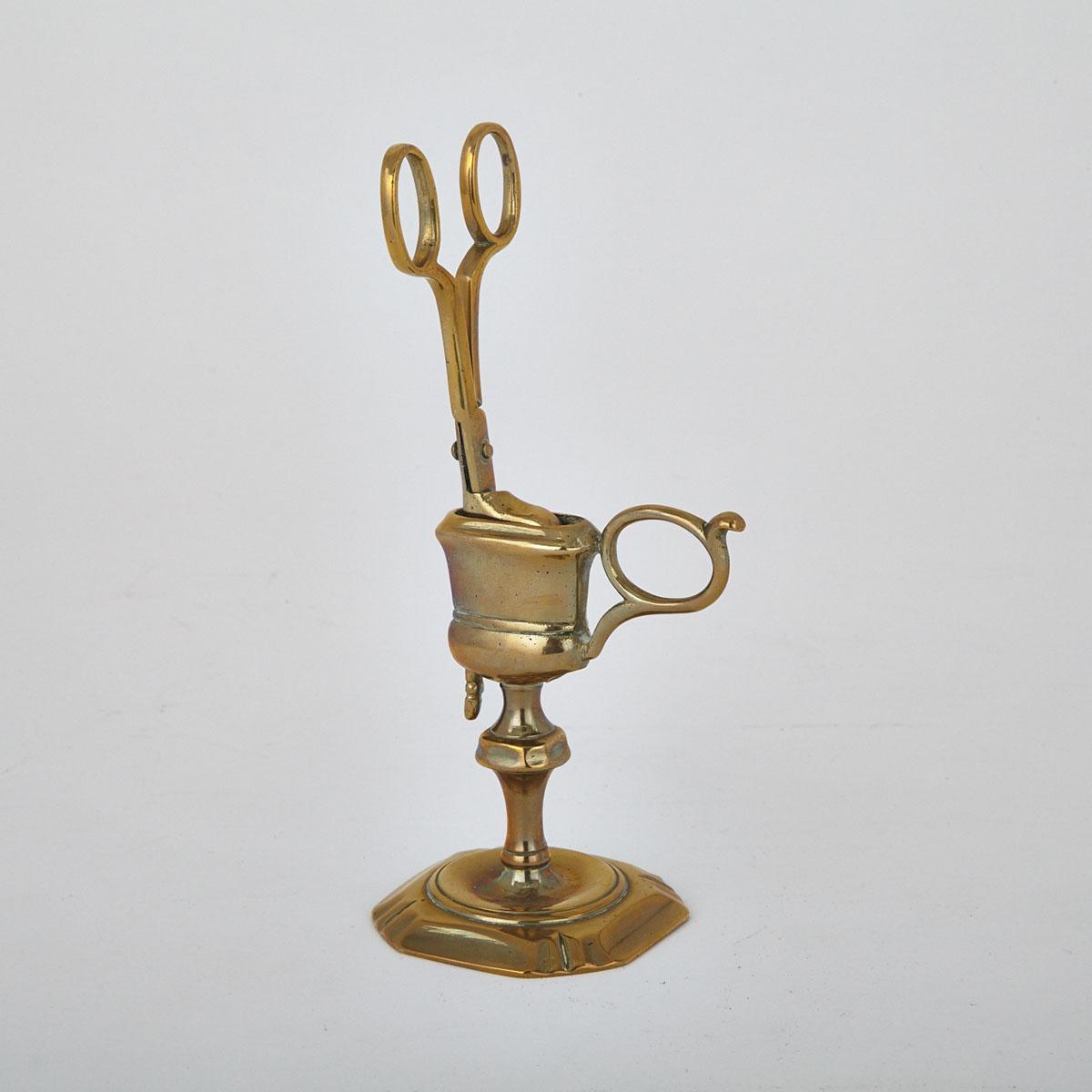 English Brass Candle Snuff and Stand, c.1740