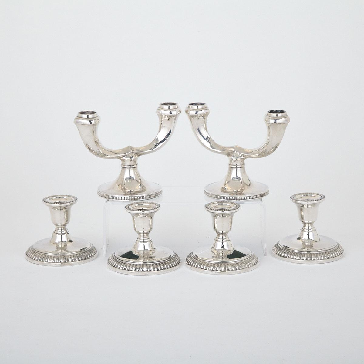 Set of Four Canadian Silver Low Candlesticks and a Pair of Two-Light Small Candelabra, Henry Birks & Sons, Montreal, Que., 20th century