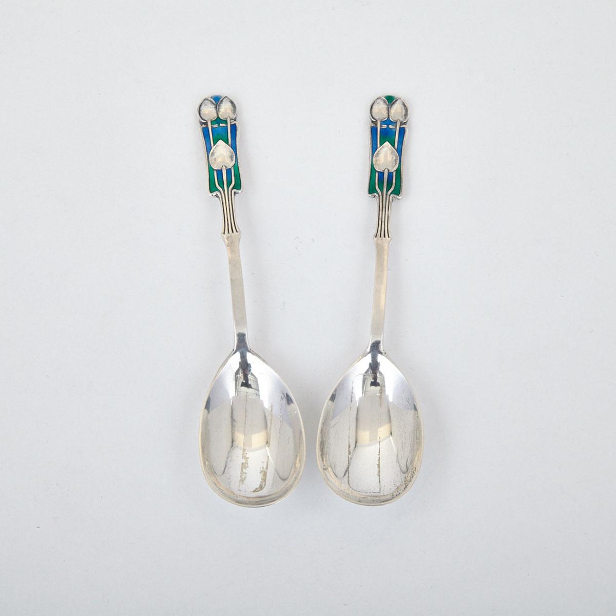 Pair of English ‘Cymric’  Silver and Enamel Tea Spoons, Archibald Knox for Liberty & Co., Birmingham, 1935