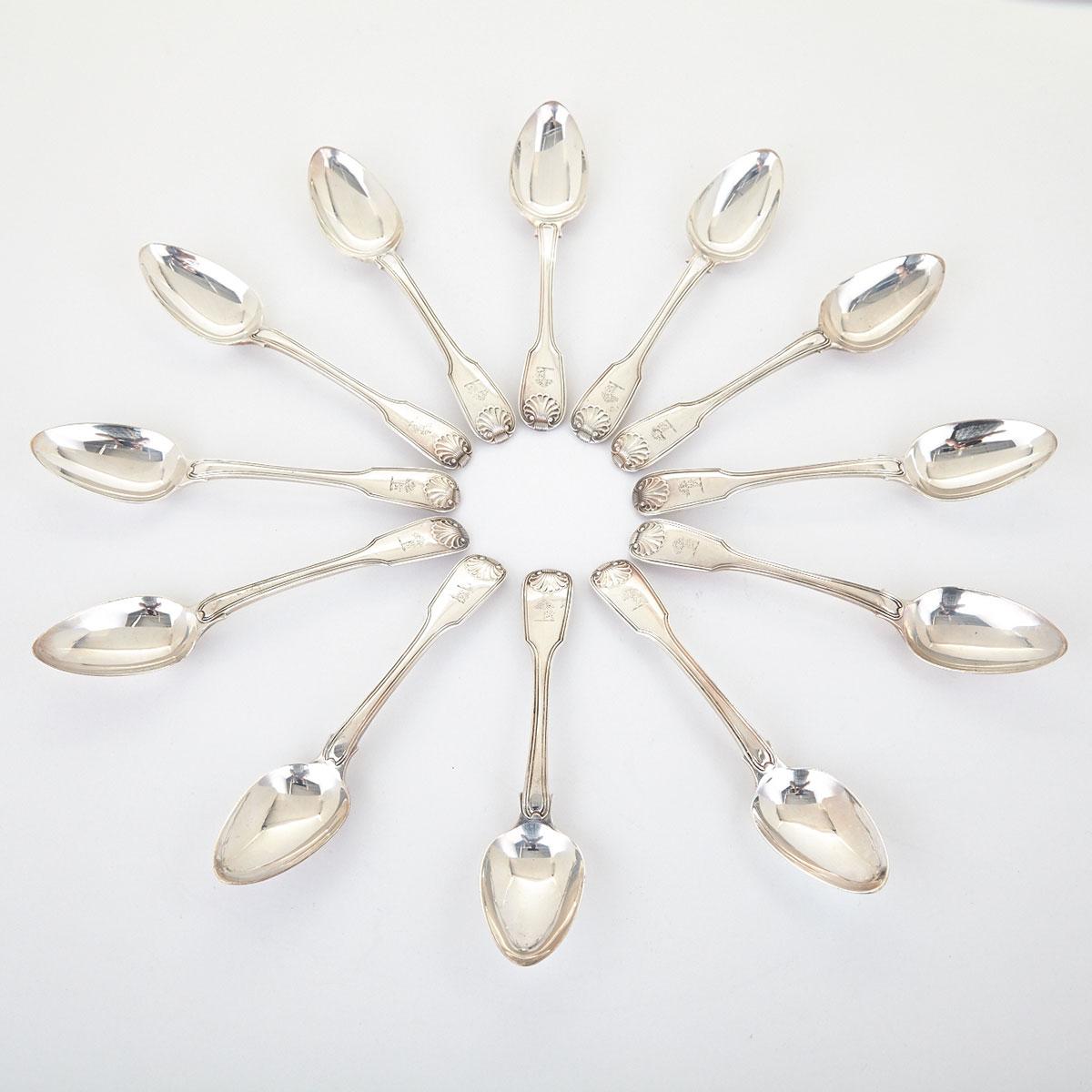 Set of Twelve George III Fiddle, Thread and Shell Pattern Dessert Spoons, William Eley, William Fearn & William Chawner, London, 1811