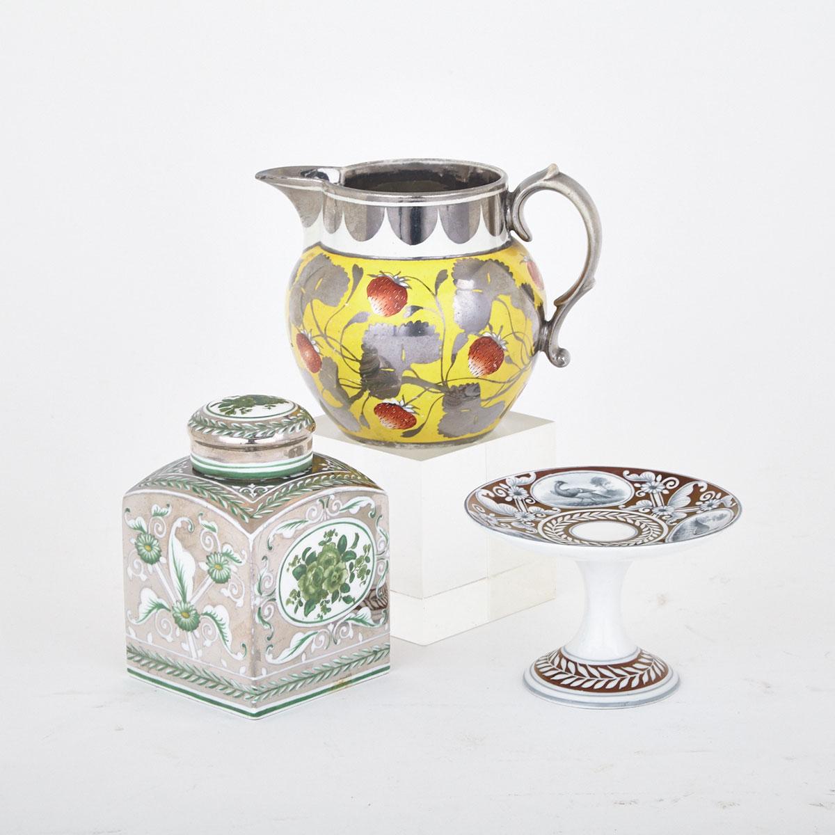 English Lustre Decorated Jug, Tea Caddy and a Small Comport, 19th/20th century