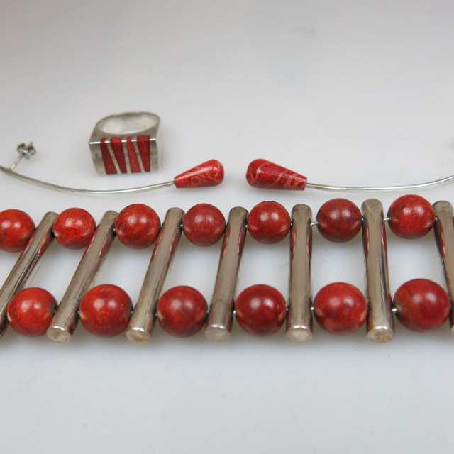 Sterling Silver And Coral 4 Piece Jewellery Suite