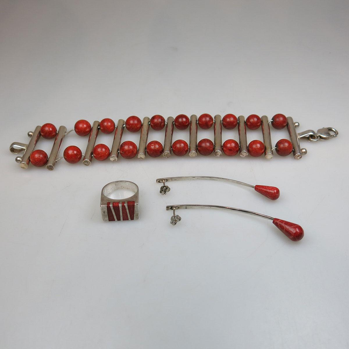 Sterling Silver And Coral 4 Piece Jewellery Suite