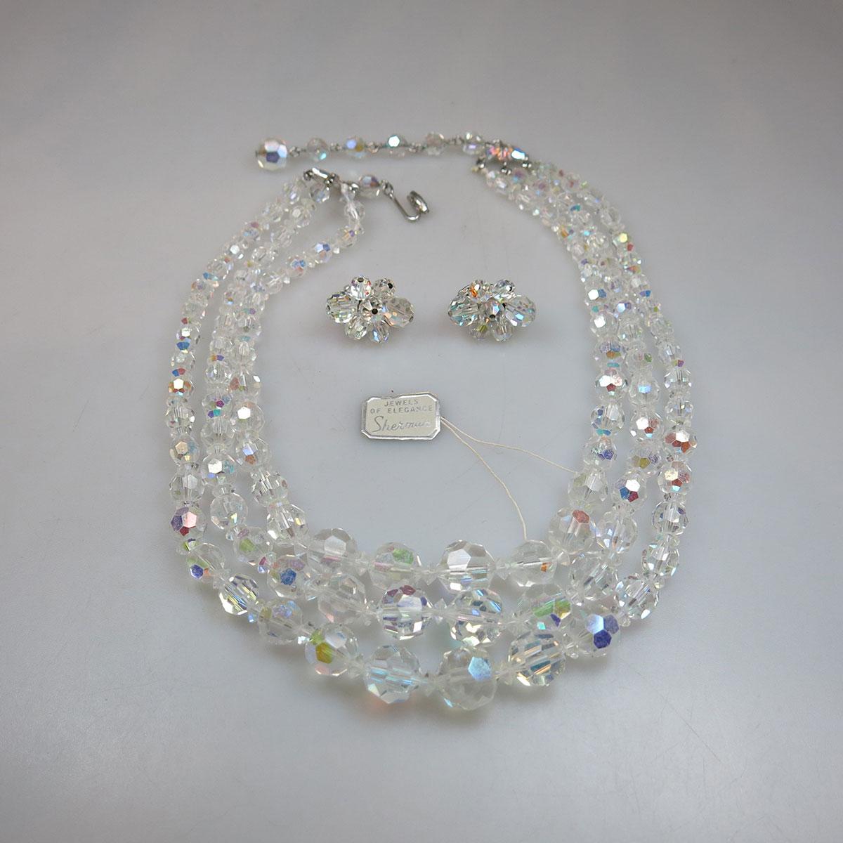 Sherman Triple Strand Clear Rhinestone Necklace And Clip Earrings
