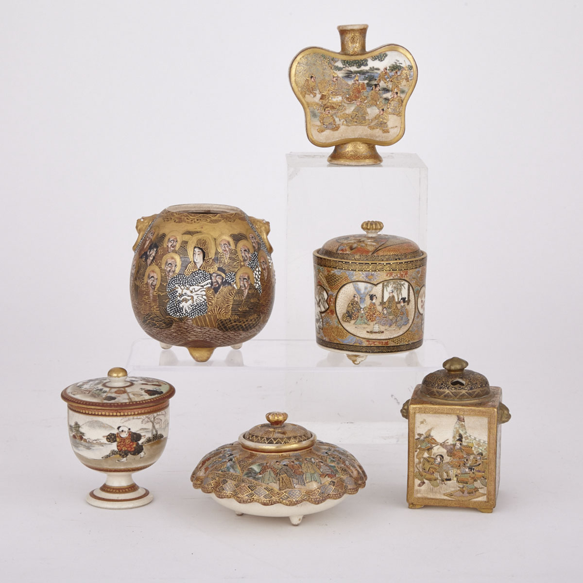 Six Satsuma Vessels, Most Signed,  Circa 1900-1910