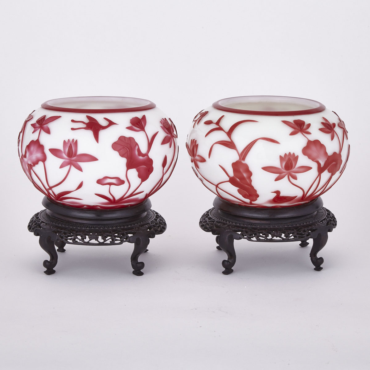 Pair of Red Overlay White Double Layer Peking Glass Bowls, Mid-20th Century or Earlier
