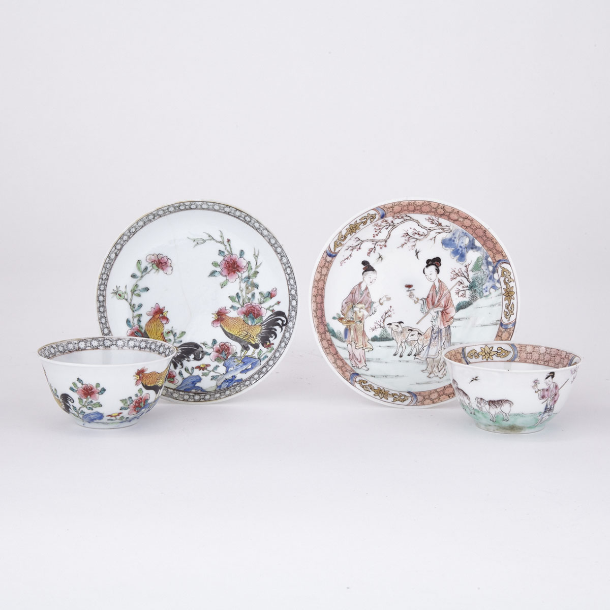 Pair of Export Famille Rose Cups and Saucers, Yongzheng Period (1723-1735)