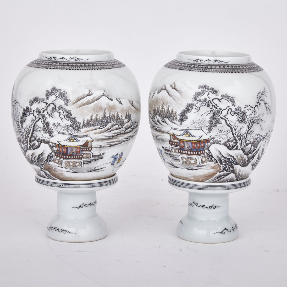 Pair of Famille Rose Candle Shades and Stands, Mid-20th Century