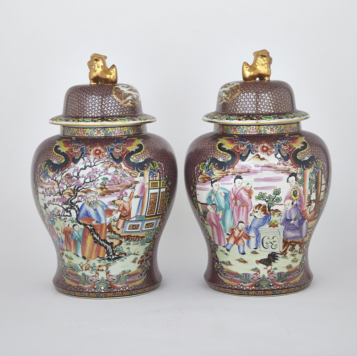 Pair of Large Export Mandarin Rose Vases and Covers