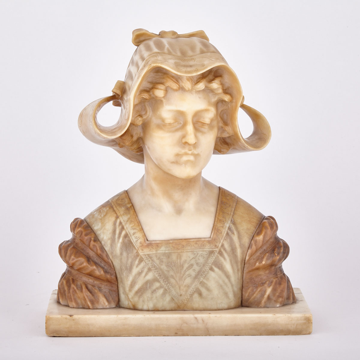 Italian Carved Alabster Bust of a Young Dutch Woman, 19th century