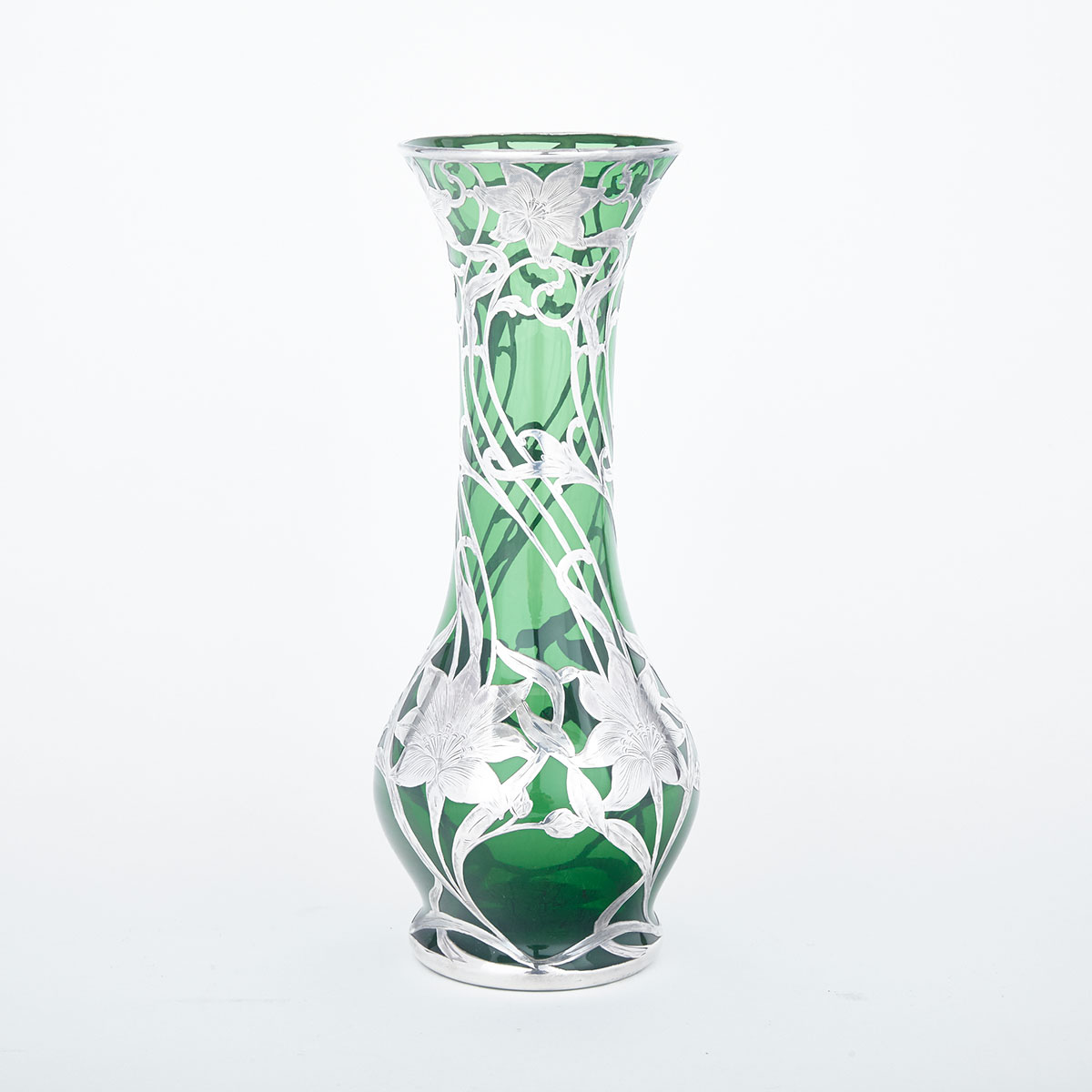 American Silver Overlaid Green Glass Vase, Alvin Mfg. Co., Providence, R.I., c.1900
