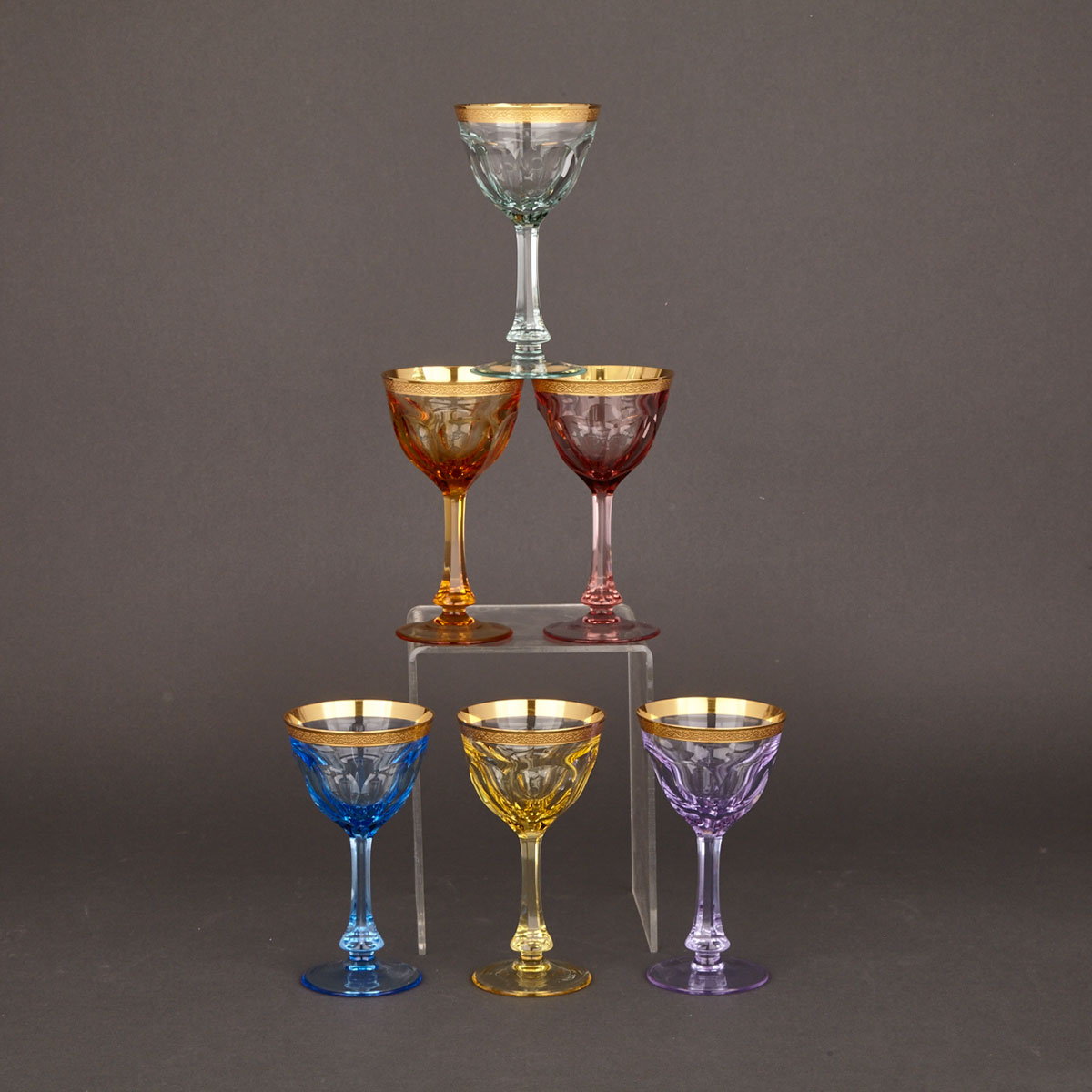 Set of Six Moser ‘Lady Hamilton’ Gilt, Cut and Coloured Glass Wine Glasses, 20th Century