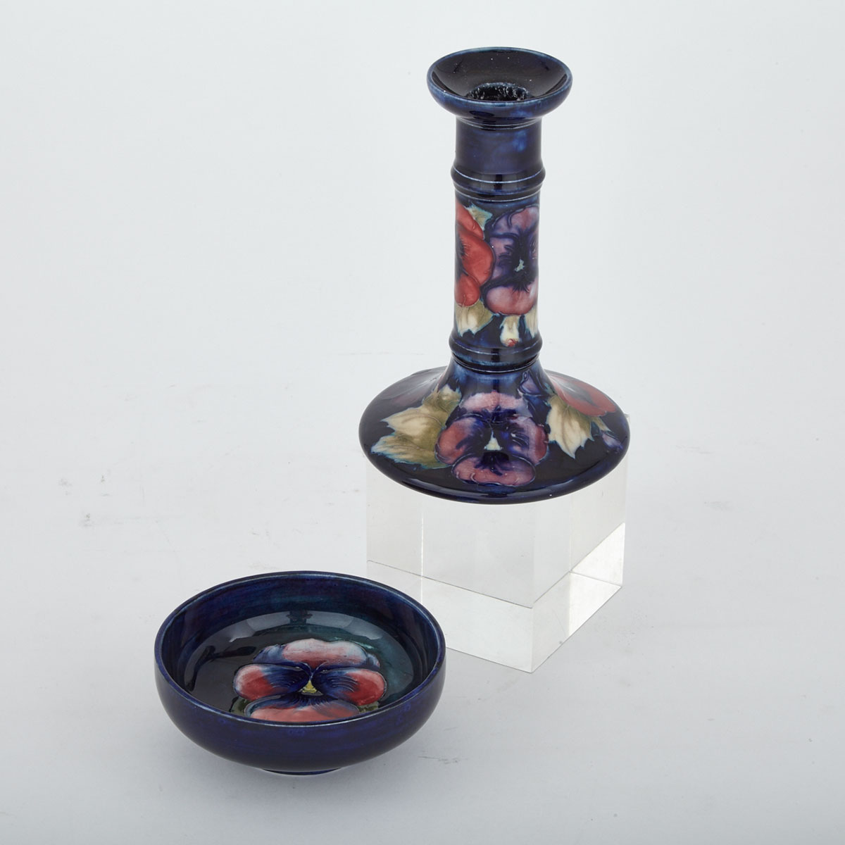 Moorcroft Pansy Candlestick and a Small Bowl