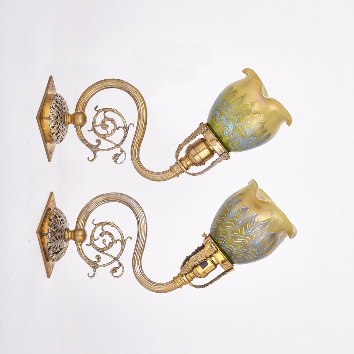 Pair of SIlvered Brass Wall Sconces with Iridescent glass shades, 19th century 