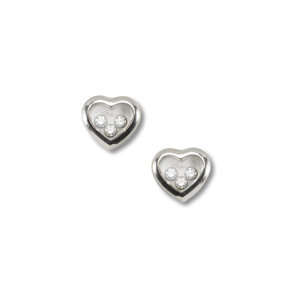 Pair Of Chopard “Happy Diamond” Heart-Shaped 18k White Gold Stud Earrings