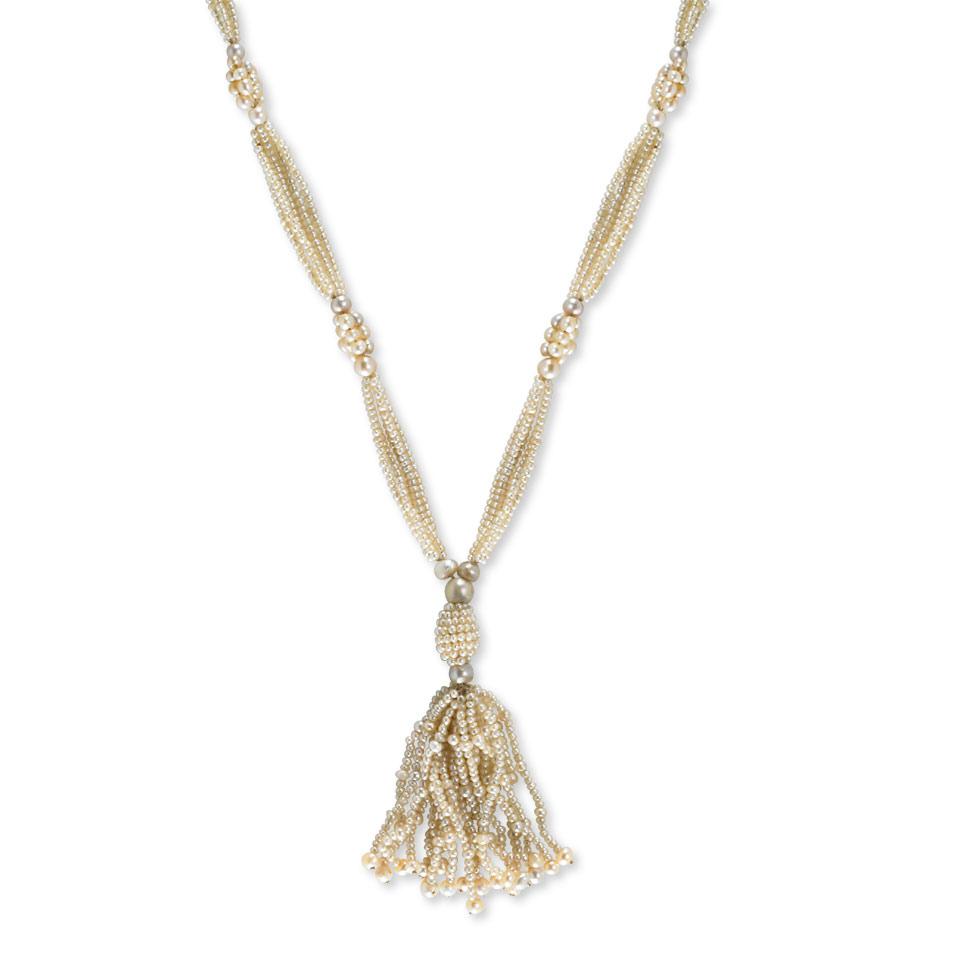 5 Strand Natural Pearl Sautoir Necklace