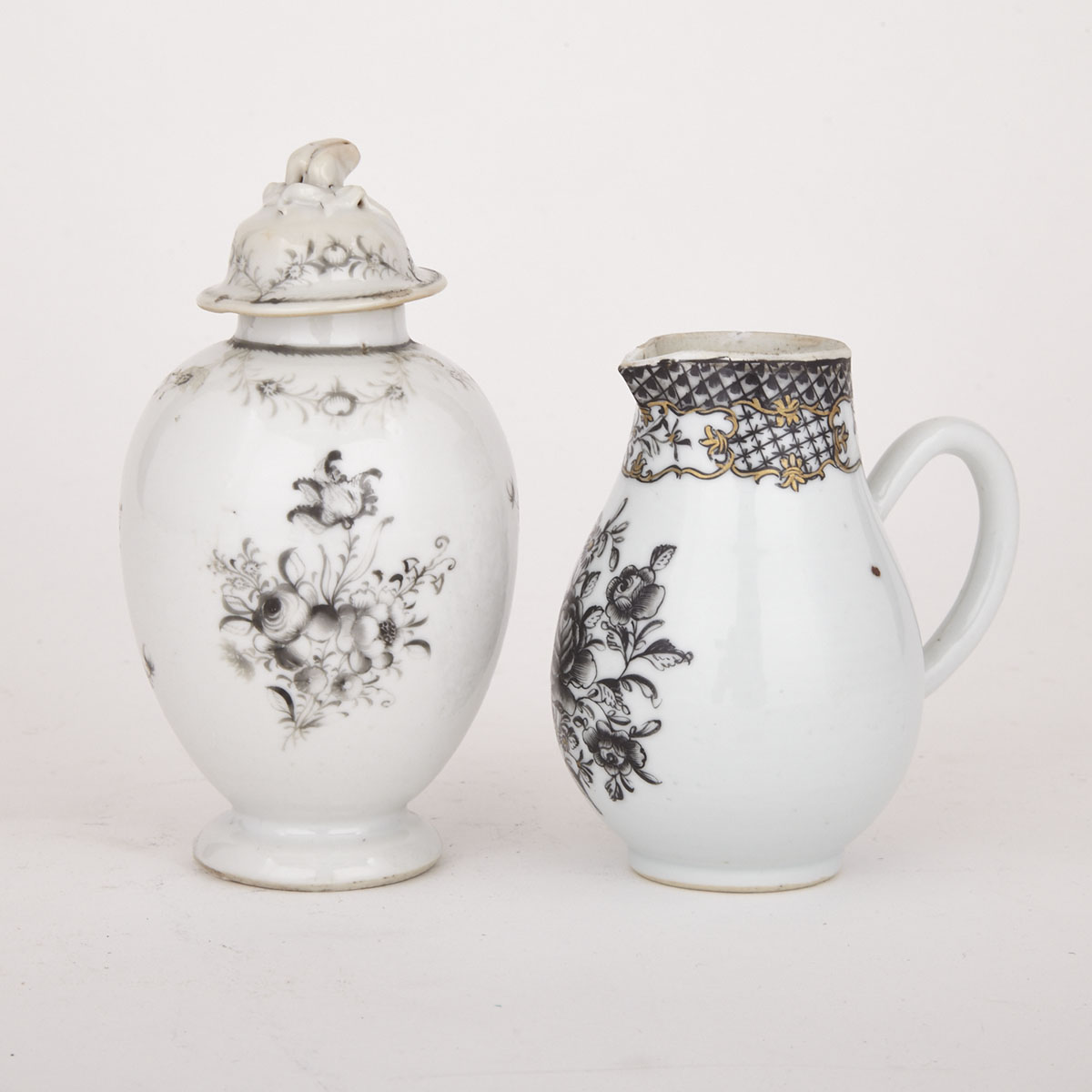 Matched Pair of Chinoiserie Porcelain Jar with Lid and Pitcher, 19th C. 