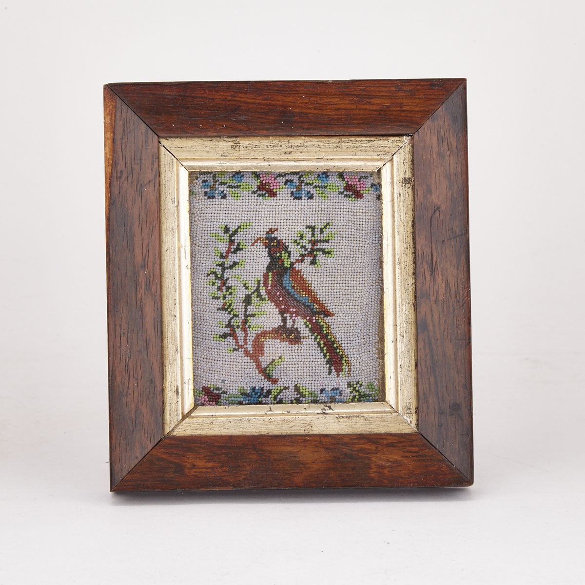 Victorian Miniature Glass Beadwork Picture of a Bird, early-mid 19th century