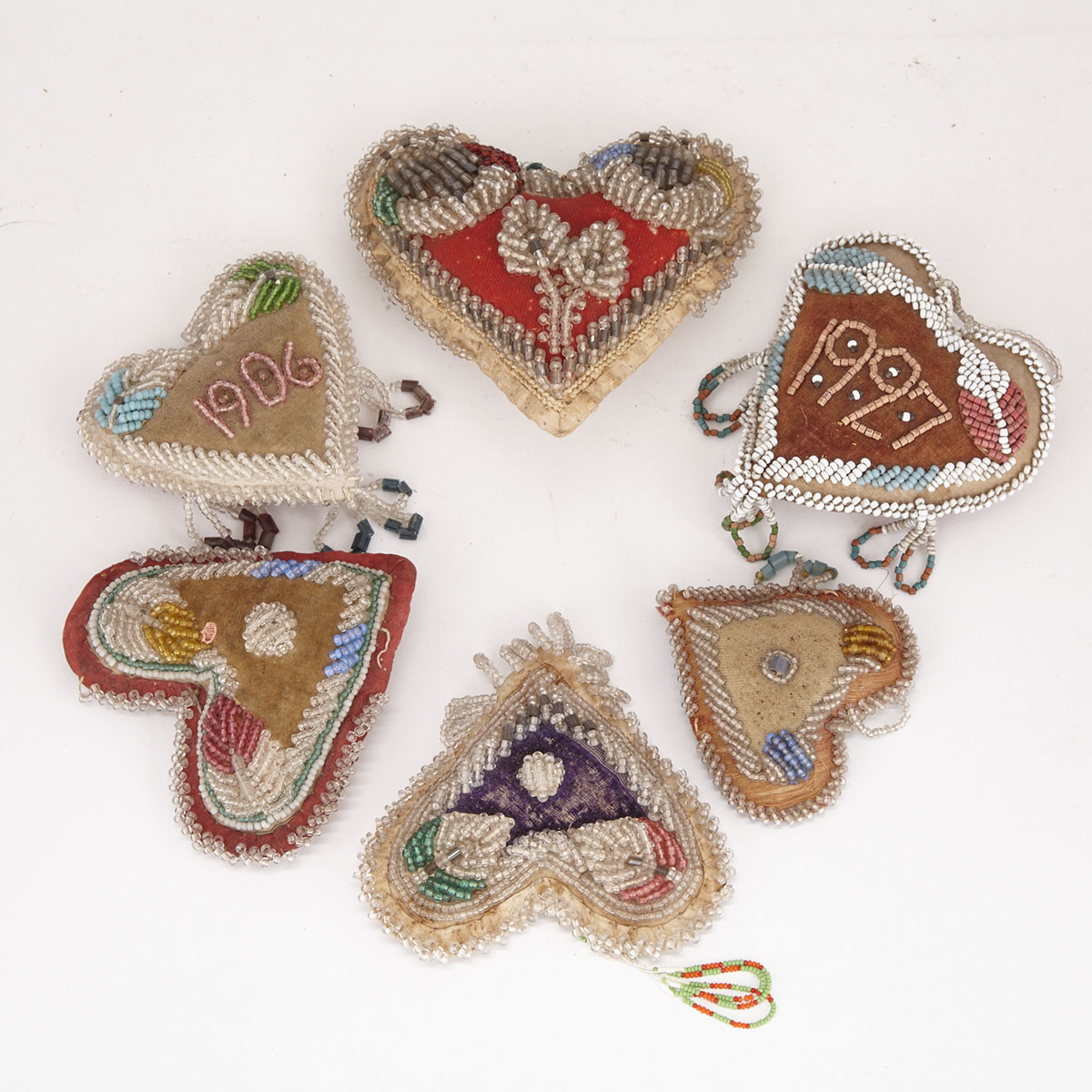 Six Iroquois Heart Shaped Pin Cushion Whimsies, early 20th century