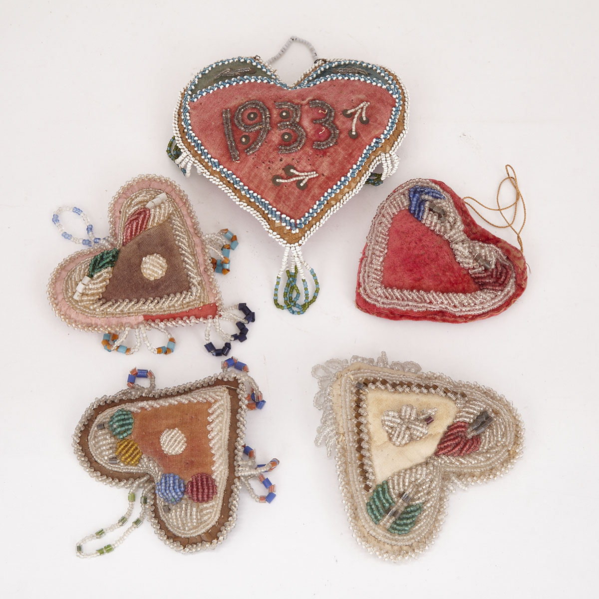 Five Iroquois  Beaded Heart Shaped Pin Cushion Whimsies, early 20th century