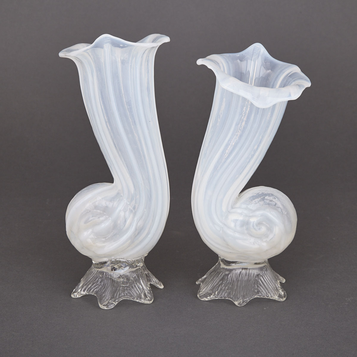 Pair of Victorian Opalescent Blown Glass Cornucopia Vases, c.1870