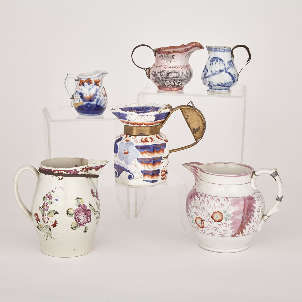 Collection of Six Earthenware Jugs and Creamers with ‘Make Do’ Repairs, 19th century