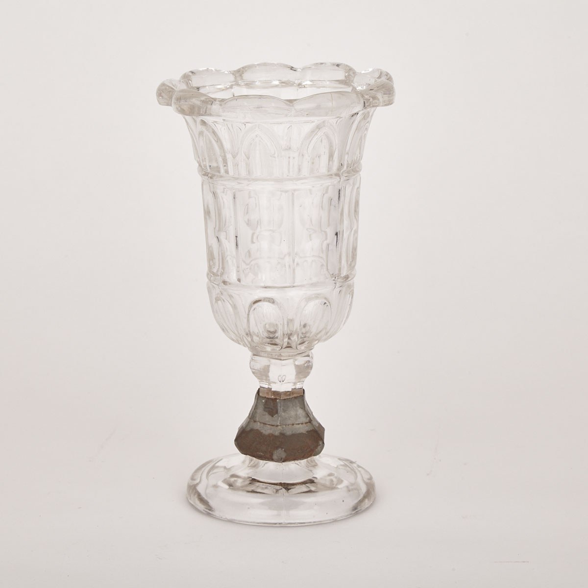 American Pressed Glass Gothic Arch Pattern Celery Vase With Tin Collar ‘Make Do’ Repair, 19th century