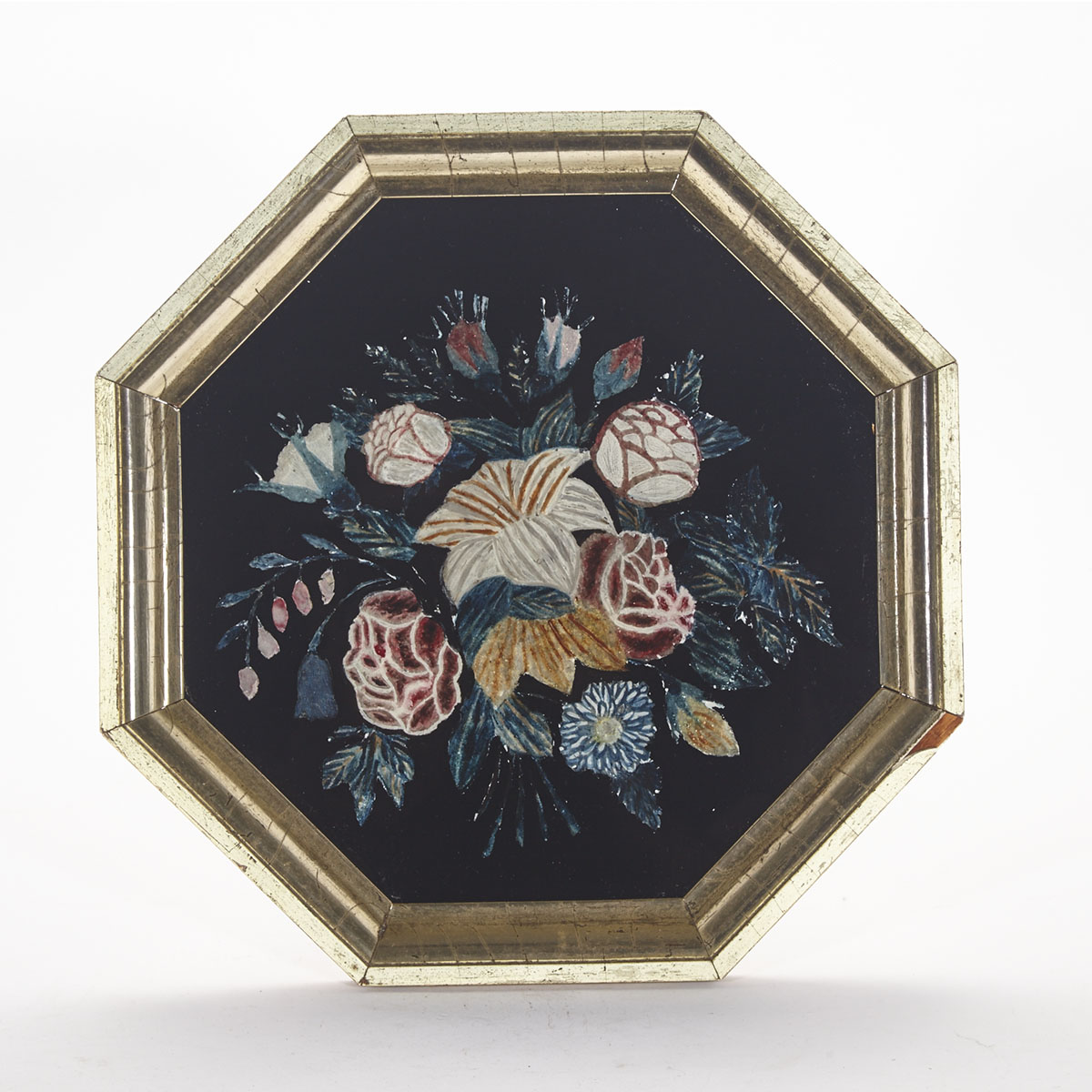 Victorian Octagonal Tinsel Back Reverse Painting on Glass, mid 19th century
