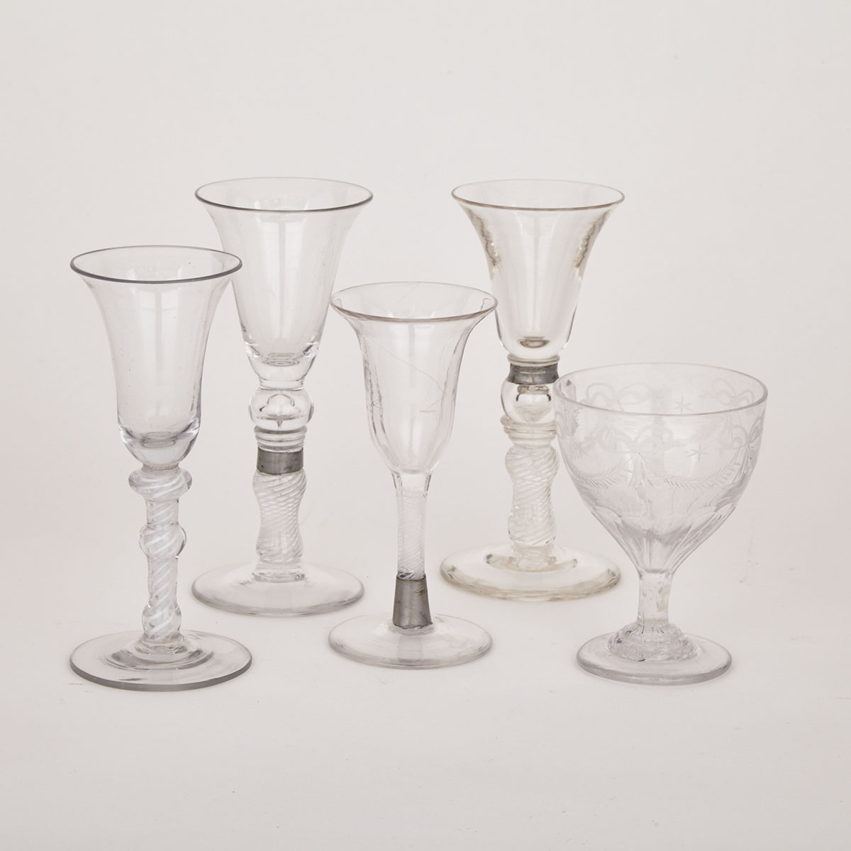 Miscellaneous Lot of  English Glass Including Three With Tin Collar ‘Make Do’ Repairs, 18th century