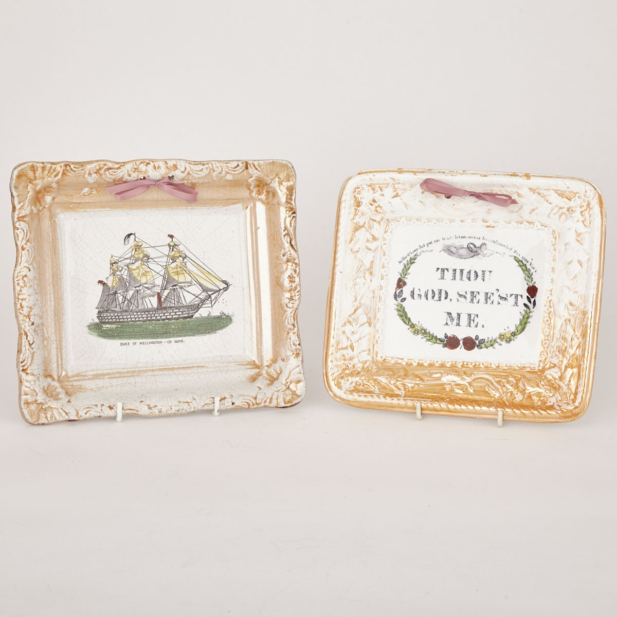 Two Sunderland Luster Wall Plaques: HMS Duke of Wellington and Thou God See’st Me, 19th century