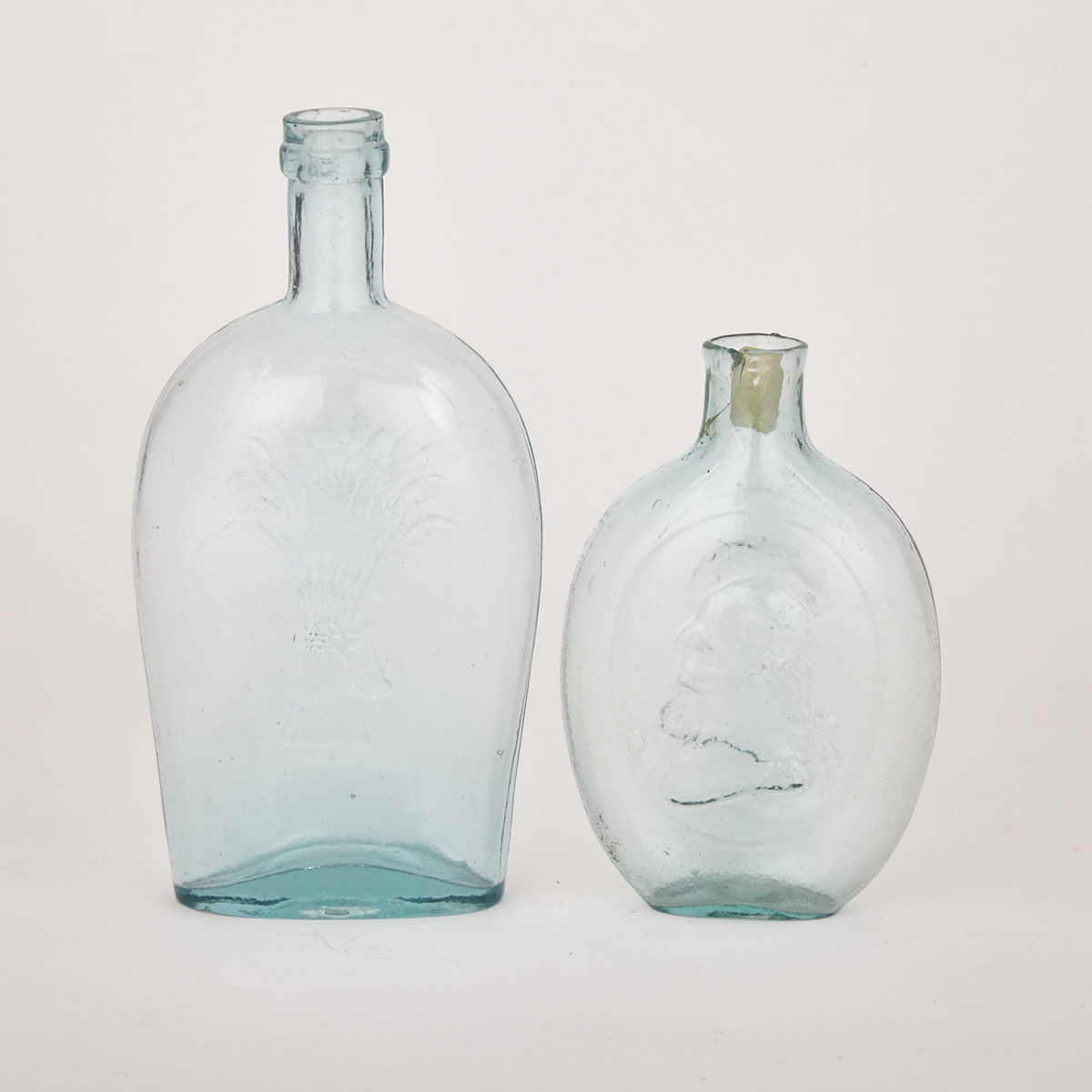 Washington/Taylor Portrait Flask, Dyottville Glass Works, Philadelphia, Penn., and a Sheaf of Wheat Flask, 19th century