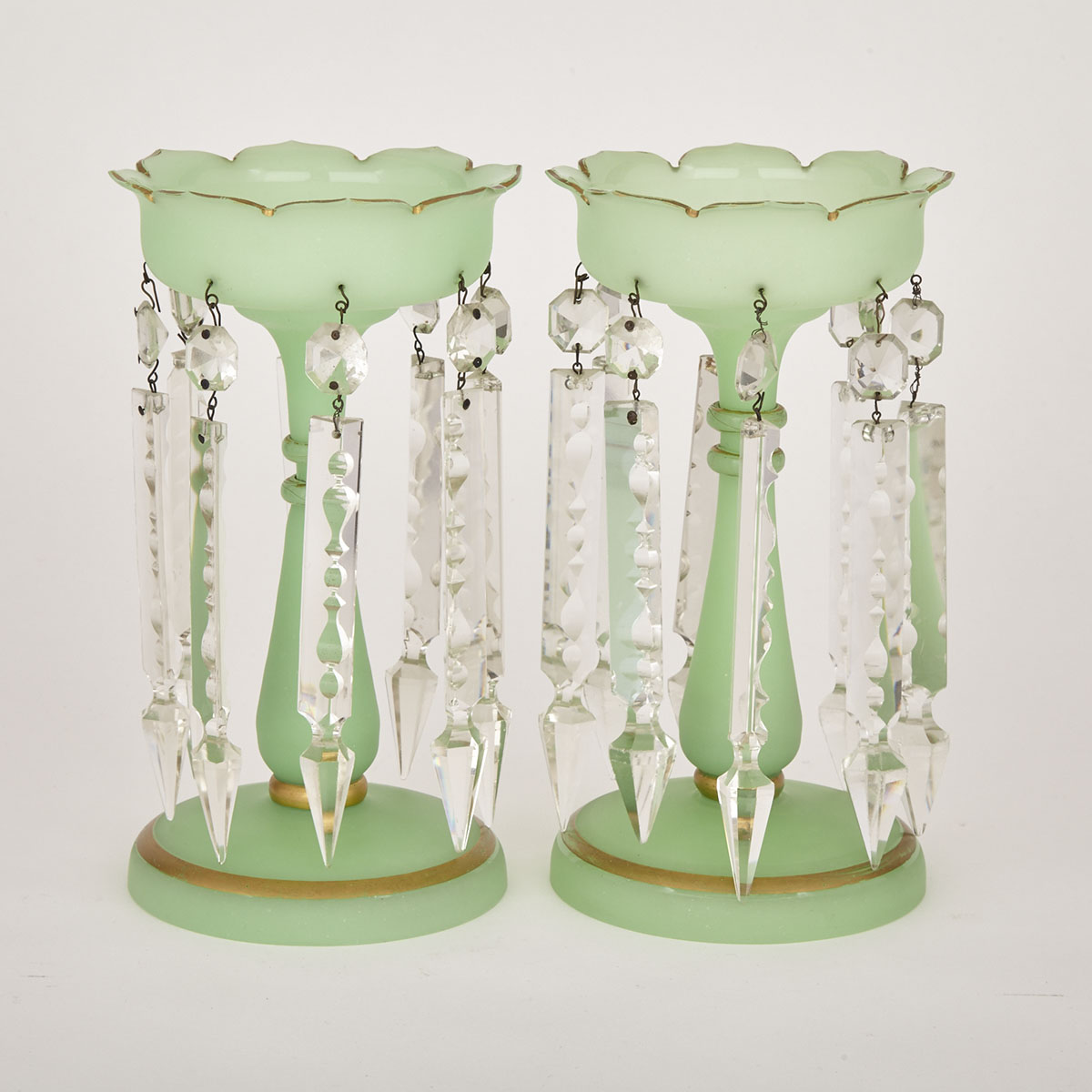 Pair of Victorian Parcel Gilt Apple Green Satin Glass Lustres, c.1860