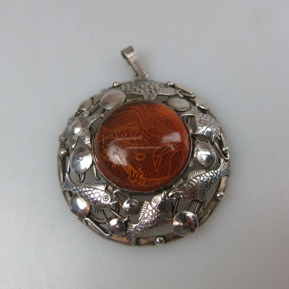 George Kramer SouthWest Sterling Silver Reversed Engraved Amber Pendant