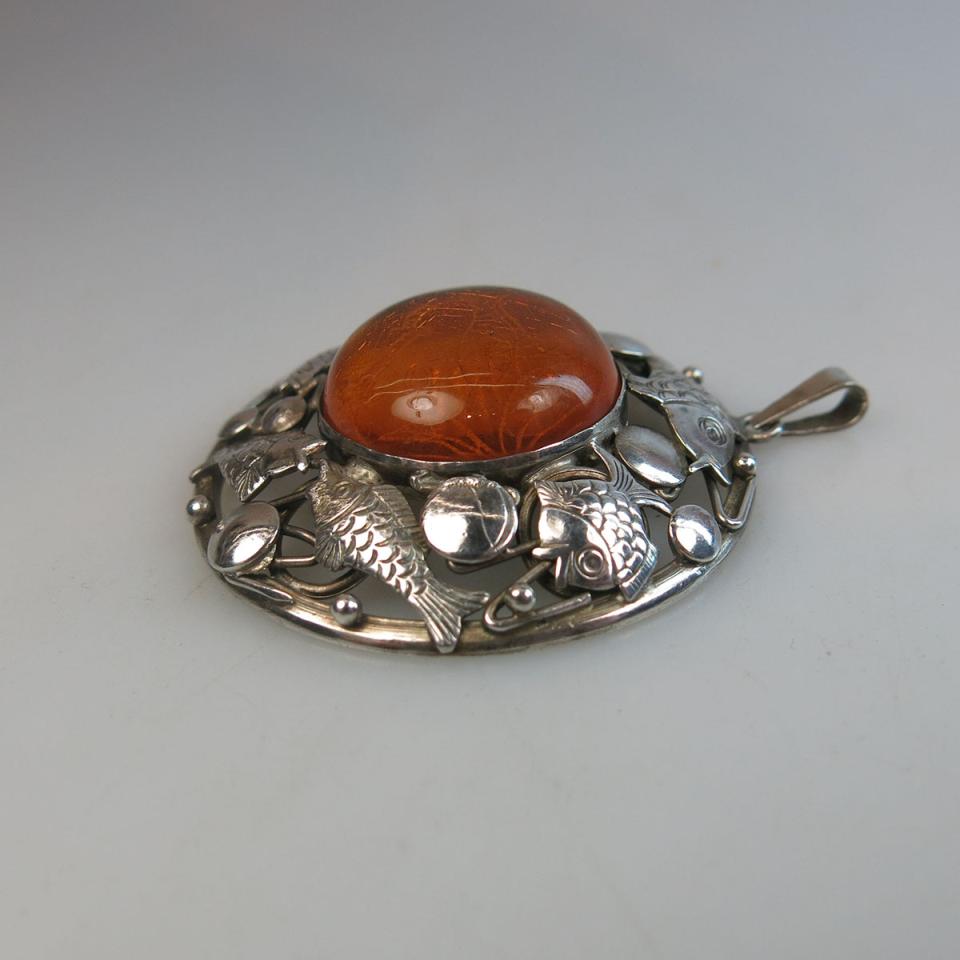 George Kramer SouthWest Sterling Silver Reversed Engraved Amber Pendant