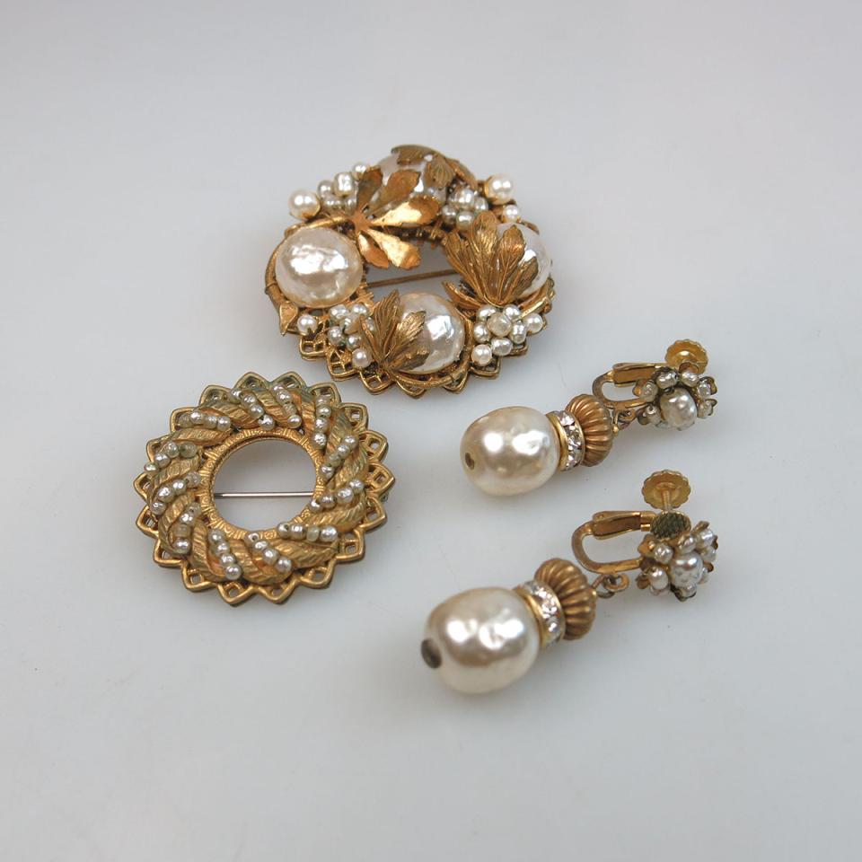 Two Miriam Haskell Brooches And A Pair Of Screw-back Drop Earrings