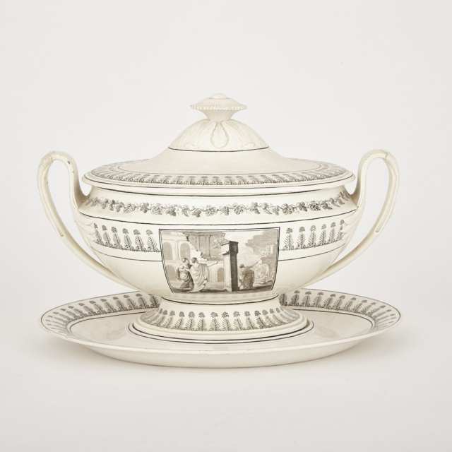 Creil ‘An de Rome’ Creamware Oval Soup Tureen with Cover and Stand, early 19th century