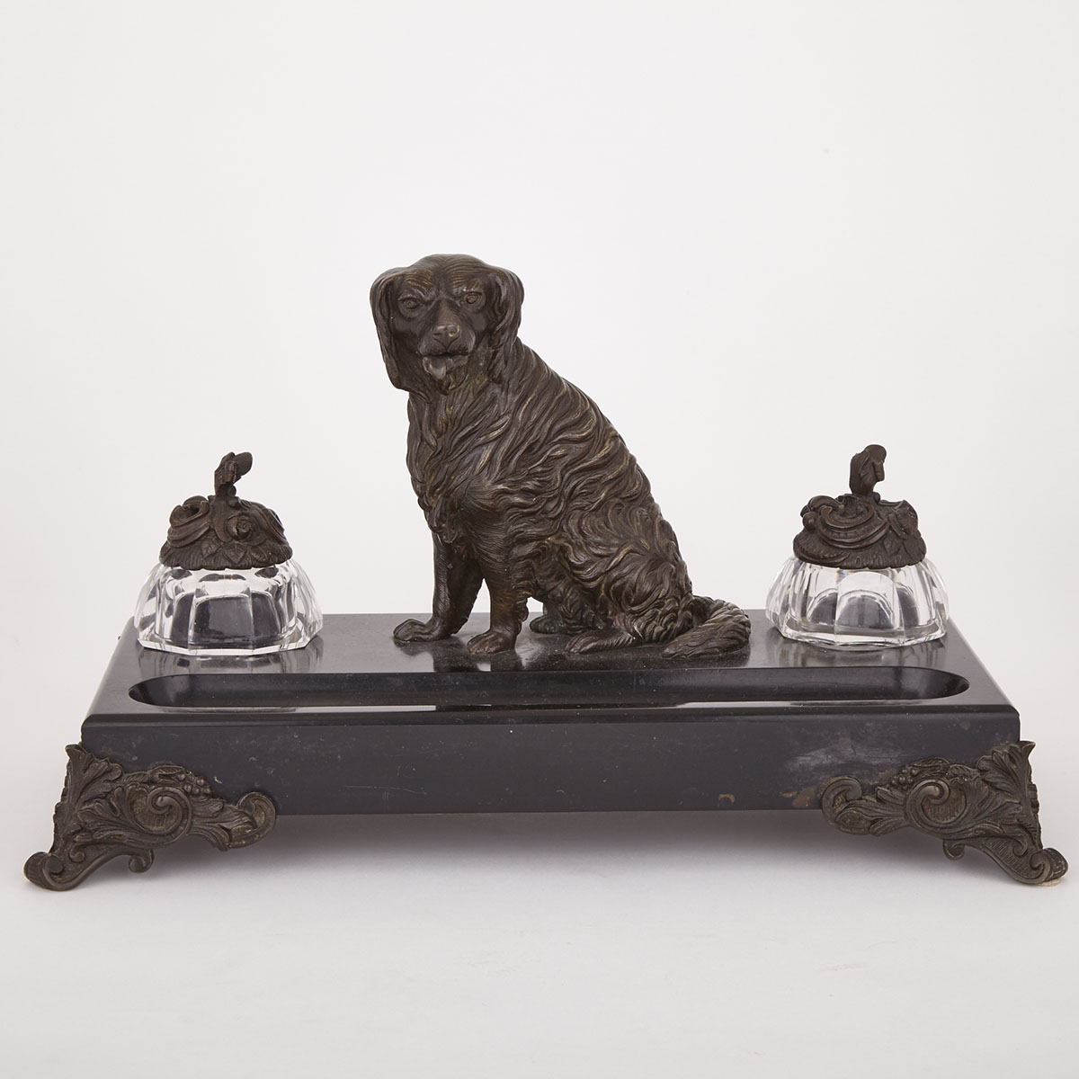 Victorian Patinated Bronze and Belgian Marble Dog Form Desk Stand, c.1870