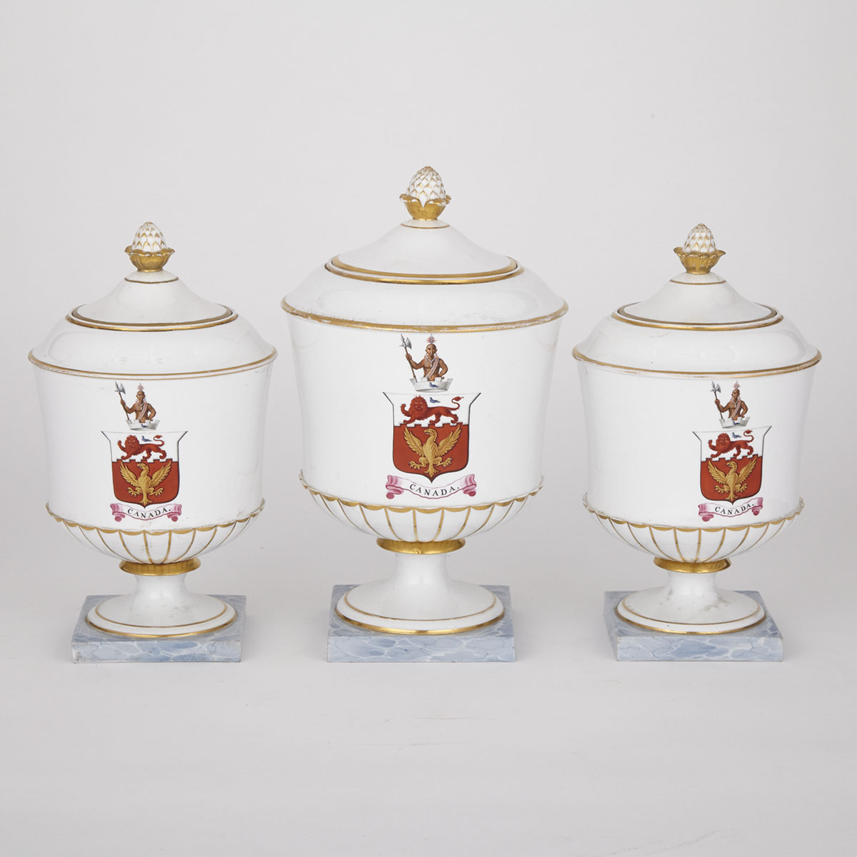 Garniture of Three Chamberlains Worcester Sir Isaac Brock (1769-1812) Armorial Vases and Covers, c.1813-20