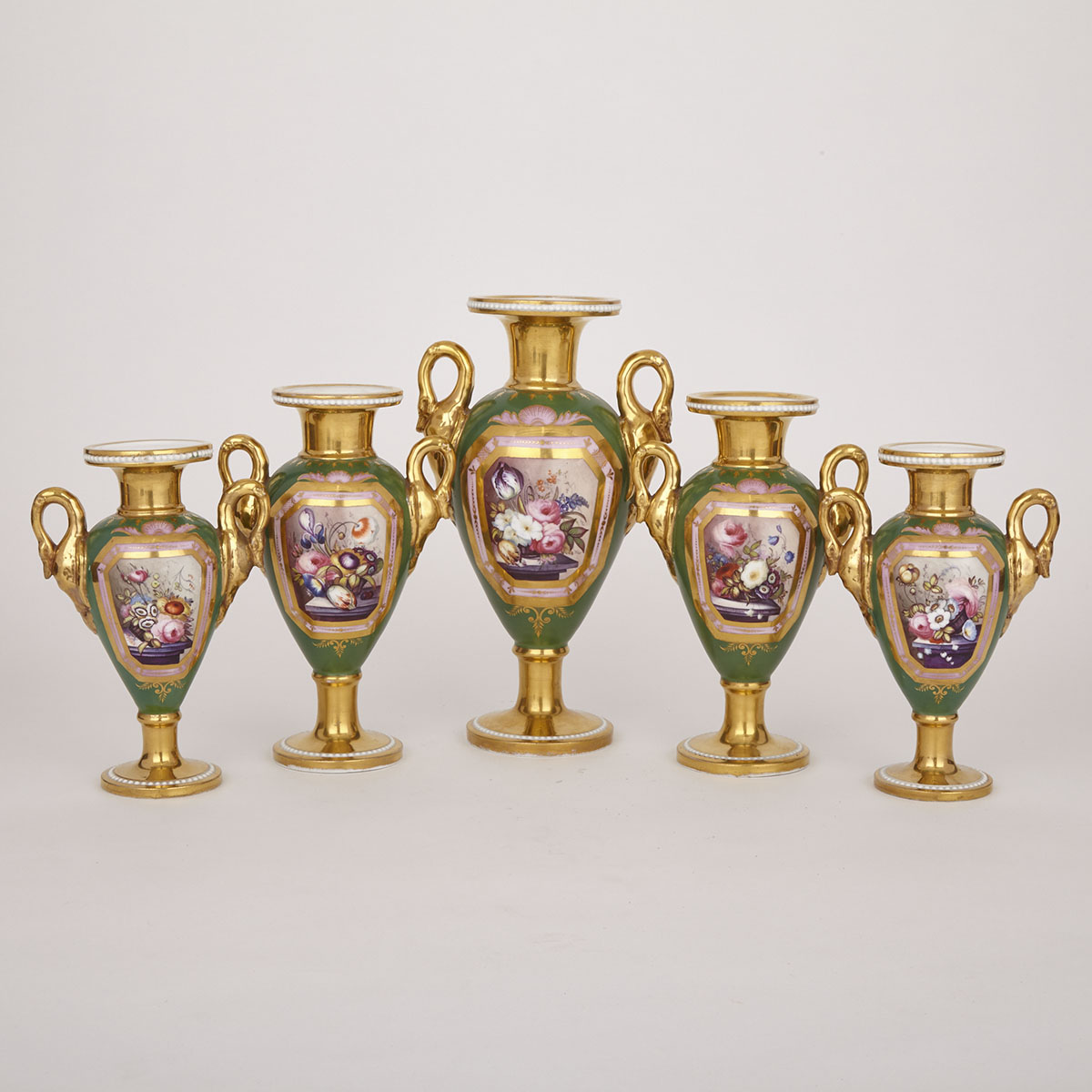 English Porcelain Green Ground Garniture of Five Vases, c.1820
