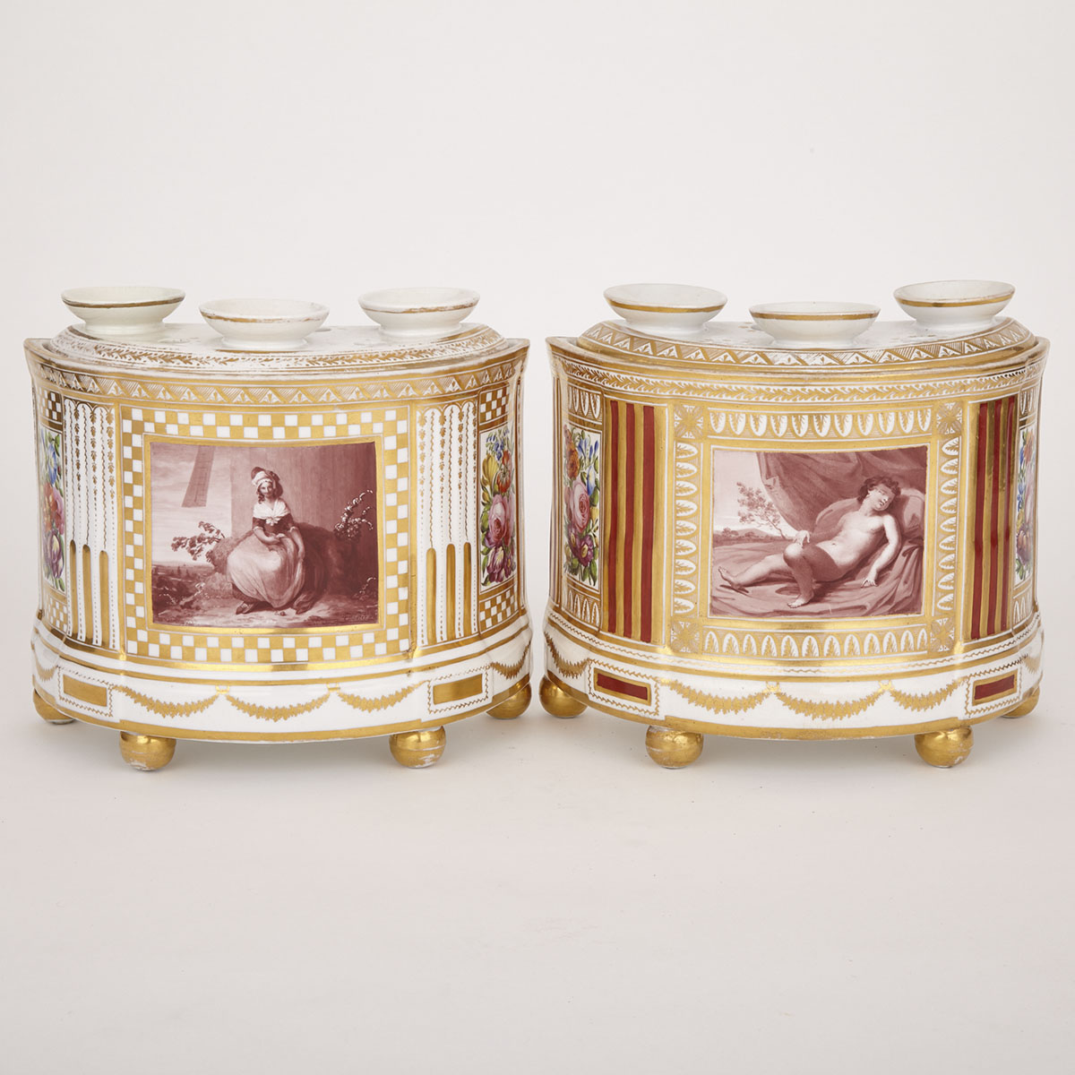 Assembled Pair of English Porcelain Bough Pots and Covers, probably Coalport, decorated by Thomas Baxter, dated 1801 and 1802