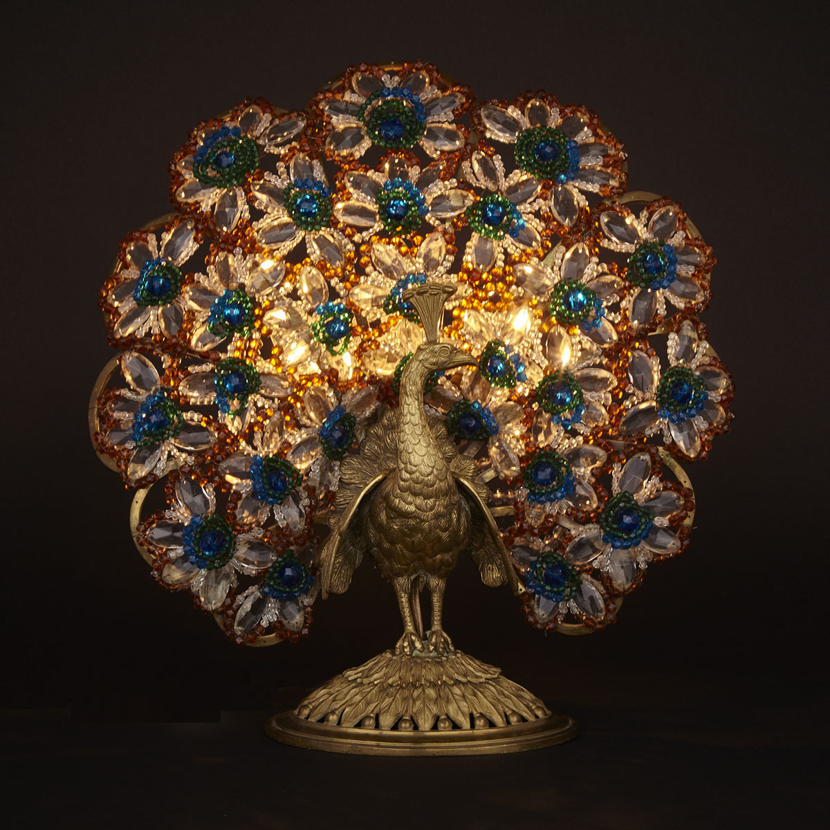 Czechoslovakian Cut Glass Bead and Gilt Bronze Peacock Form Table Lamp, early 20th century 