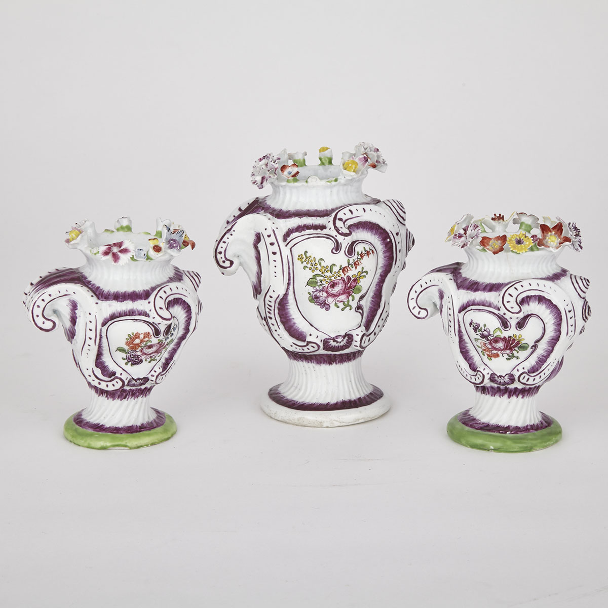 Set of Three Longton Hall Rococo Vases, c.1755
