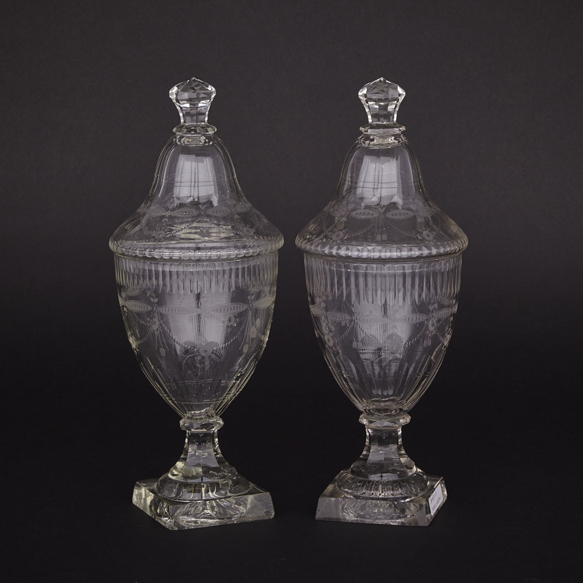 Pair of Continental Cut and Engraved Glass Sweetmeat Vases and Covers, possibly Vonêche, c.1810